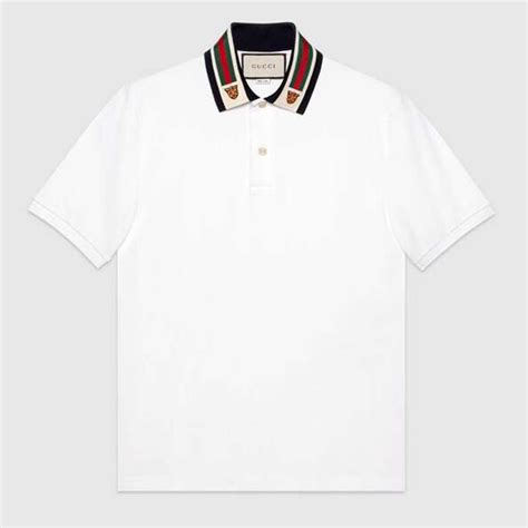 gucci cotton polo with web and feline head in white|Classic White Cotton Polo Shirt with Web and Feline Head.